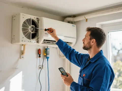 Frigoriste mettant en service une climatisation en France