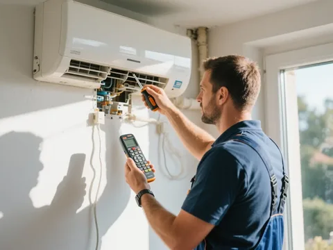 Frigoriste mettant en service une climatisation en France