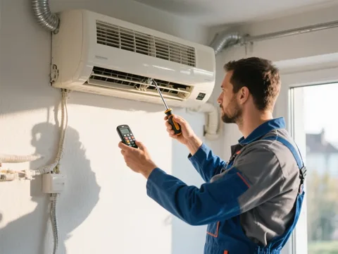 Frigoriste mettant en service une climatisation en France
