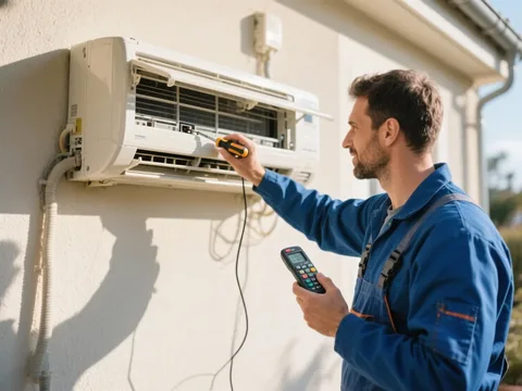 Frigoriste mettant en service une climatisation en France