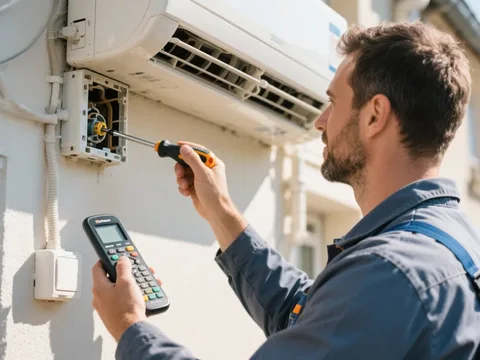 Frigoriste mettant en service une climatisation en France