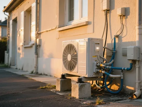 Pompe à chaleur extérieure installée sur une maison en France