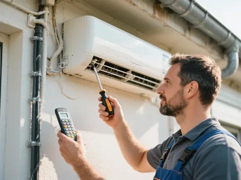 Frigoriste mettant en service une climatisation en France