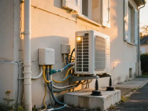Pompe à chaleur extérieure installée sur une maison en France