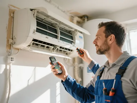 Frigoriste mettant en service une climatisation en France