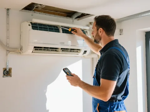 Frigoriste mettant en service une climatisation en France