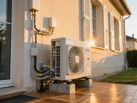 Pompe à chaleur extérieure installée sur une maison en France