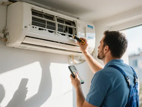 Frigoriste mettant en service une climatisation en France