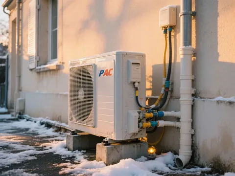 Pompe à chaleur extérieure installée sur une maison en France