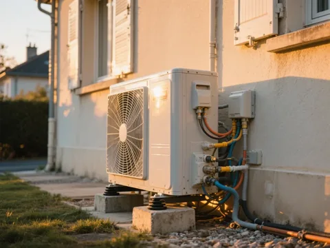 Pompe à chaleur extérieure installée sur une maison en France