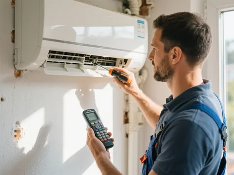 Frigoriste mettant en service une climatisation en France