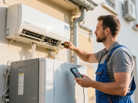 Frigoriste mettant en service une climatisation en France