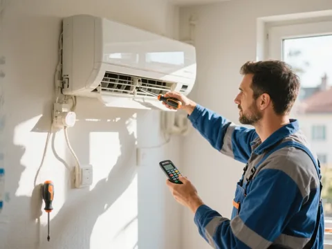 Frigoriste mettant en service une climatisation en France