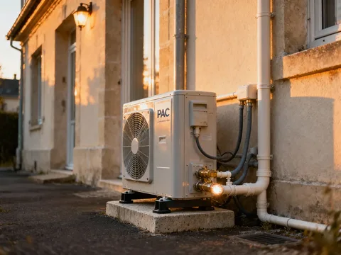 Pompe à chaleur extérieure installée sur une maison en France