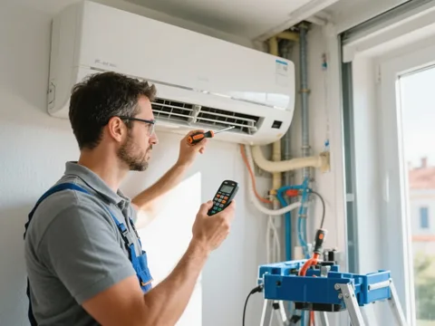 Frigoriste mettant en service une climatisation en France