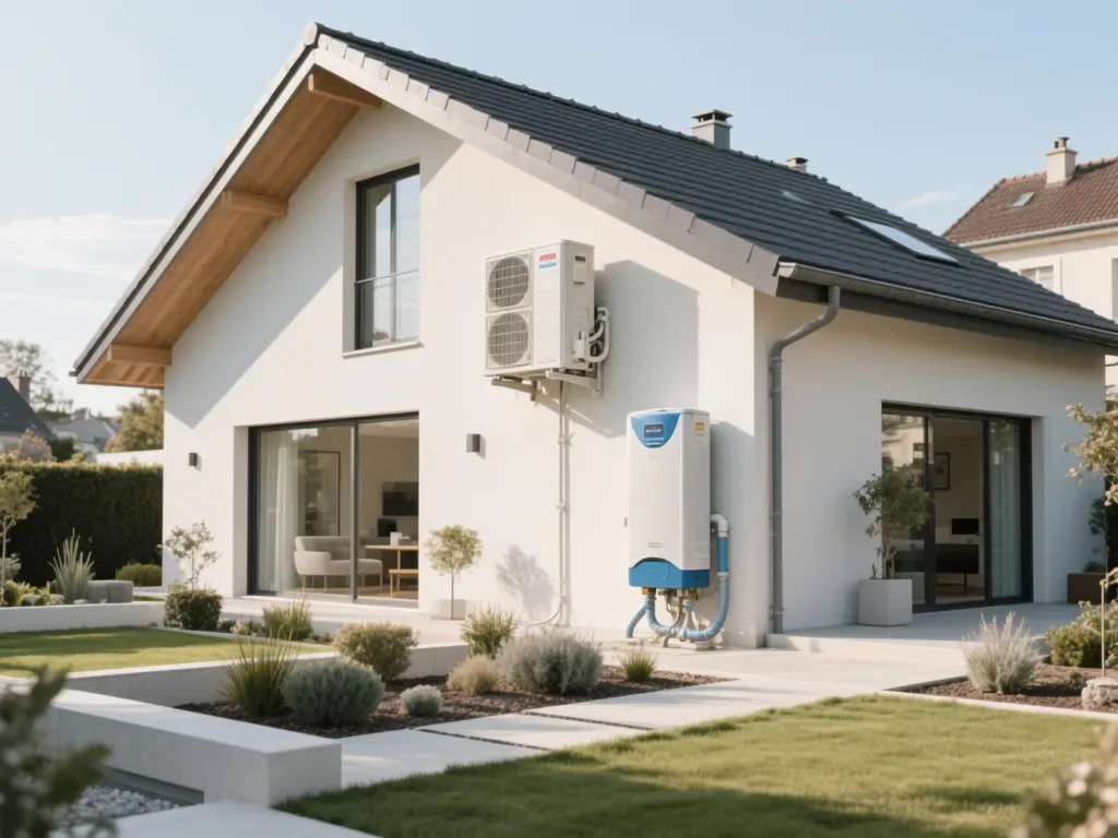 Maison avec pompe à chaleur extérieure en France, équipement moderne
