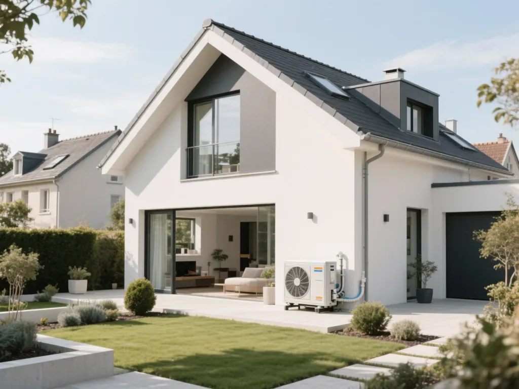 Maison avec pompe à chaleur extérieure en France, équipement moderne
