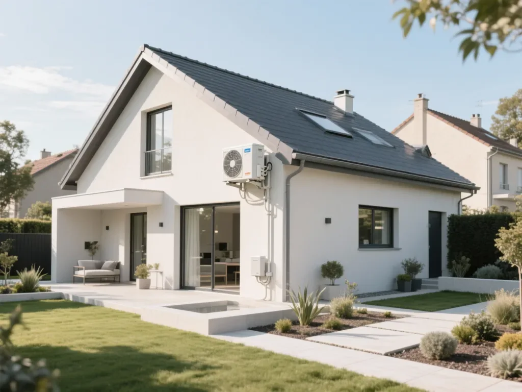 Maison avec pompe à chaleur extérieure en France, équipement moderne