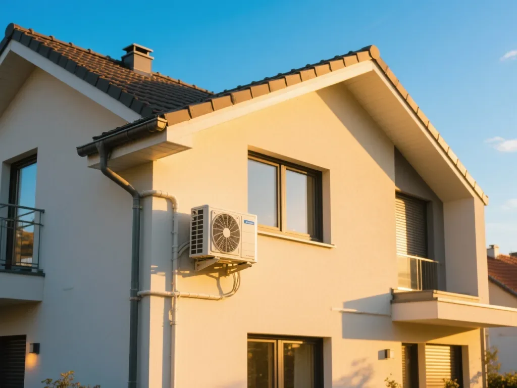 Maison équipée pompe à chaleur sous lumière dorée du matin