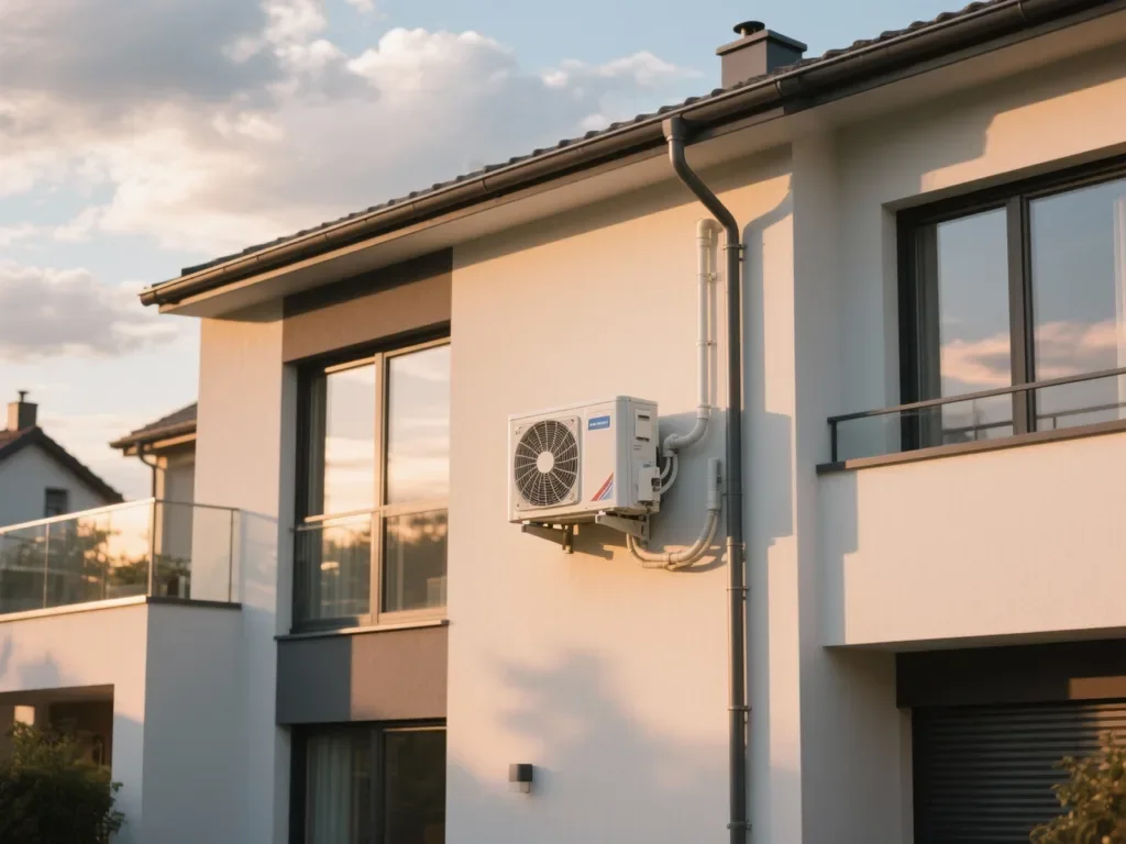 Maison équipée pompe à chaleur sous lumière douce de fin de journée