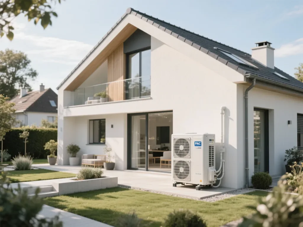 Maison avec pompe à chaleur extérieure en France, équipement moderne