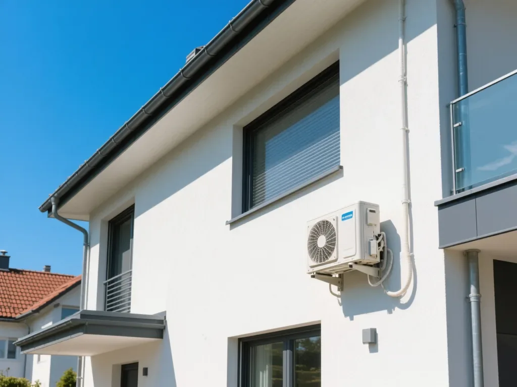 Maison équipée pompe à chaleur sous lumière naturelle de midi