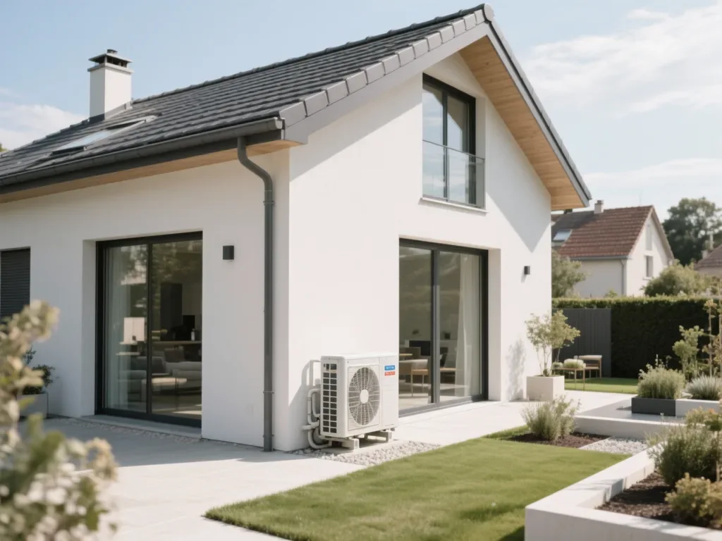 Maison avec pompe à chaleur extérieure en France, équipement moderne