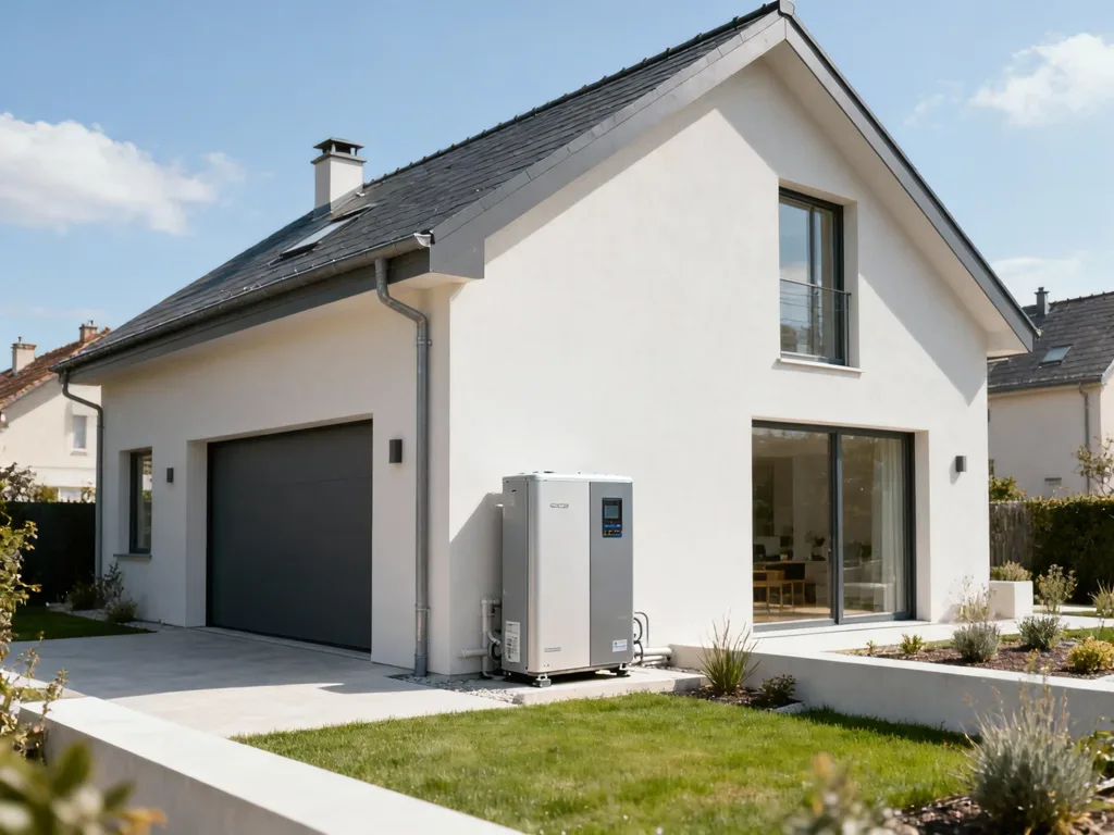 Maison avec pompe à chaleur extérieure en France, équipement moderne