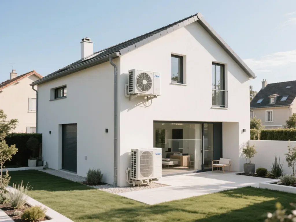 Maison avec pompe à chaleur extérieure en France, équipement moderne