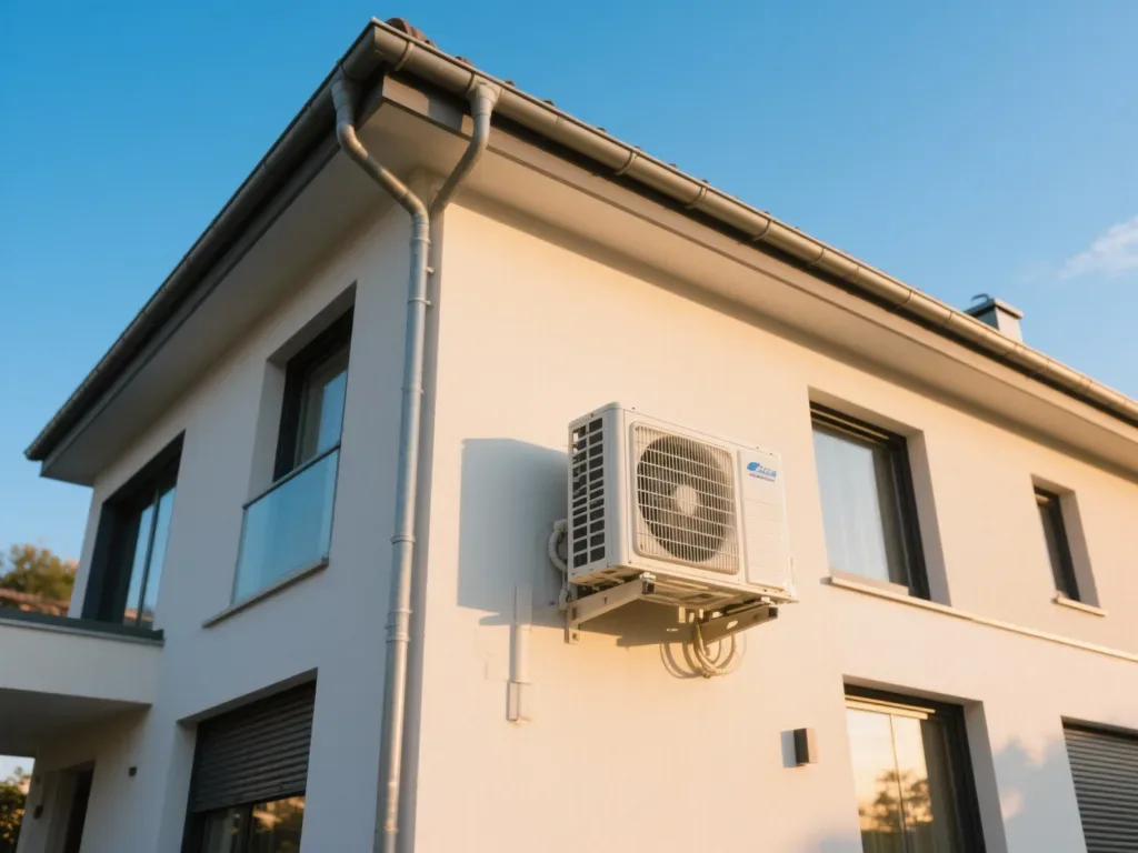 Maison équipée pompe à chaleur sous lumière douce de fin de journée