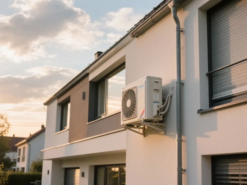Maison équipée pompe à chaleur sous lumière douce de fin de journée