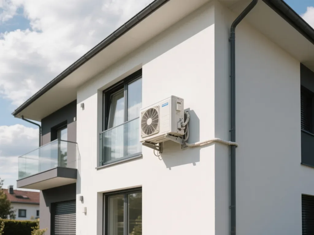 Maison équipée pompe à chaleur sous lumière naturelle de midi