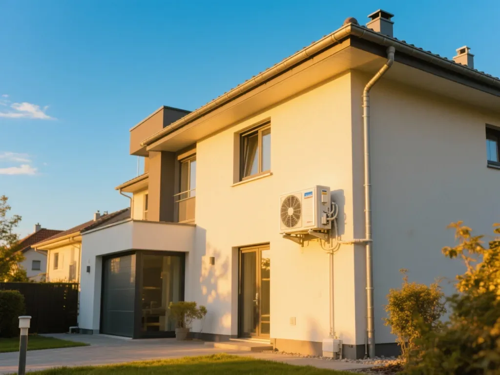 Maison équipée pompe à chaleur sous lumière dorée du matin