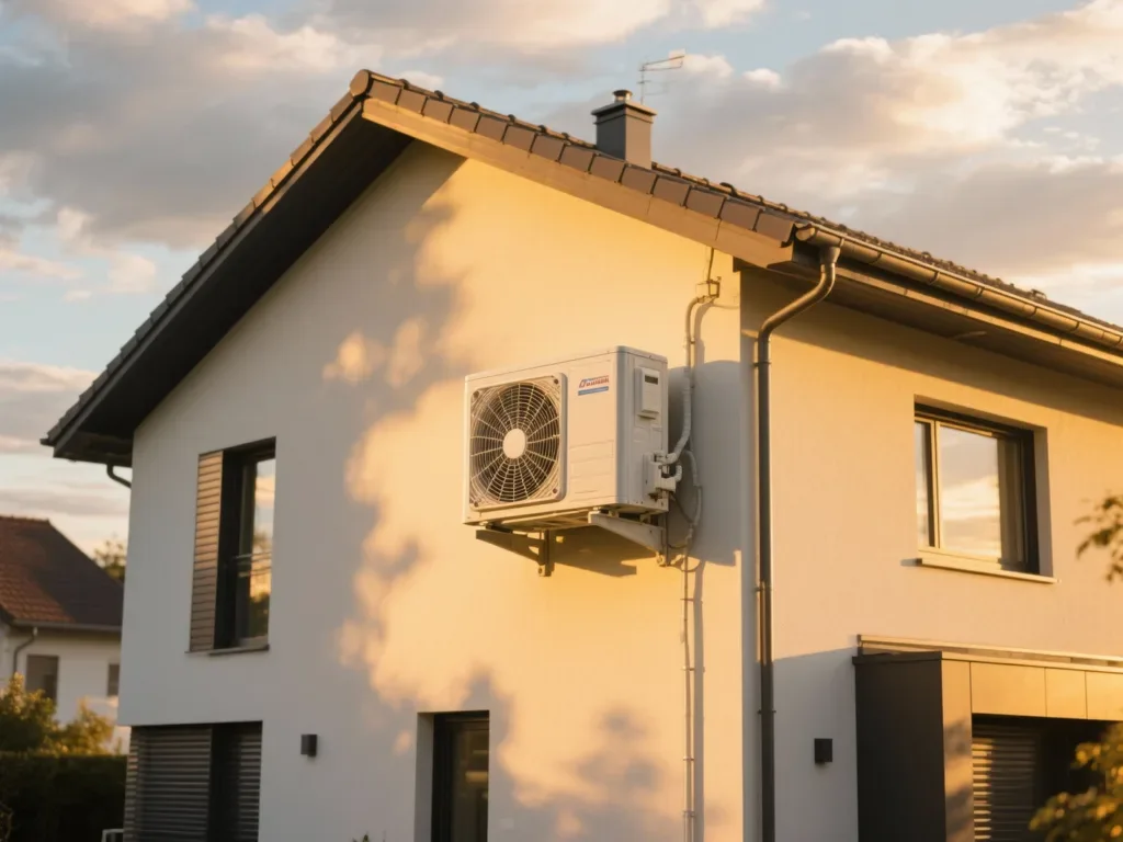 Maison équipée pompe à chaleur sous lumière dorée du matin