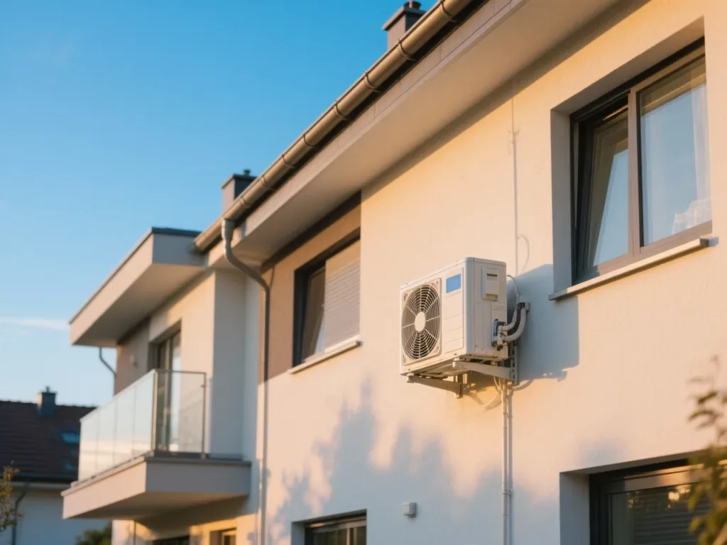 Maison équipée pompe à chaleur sous lumière douce de fin de journée