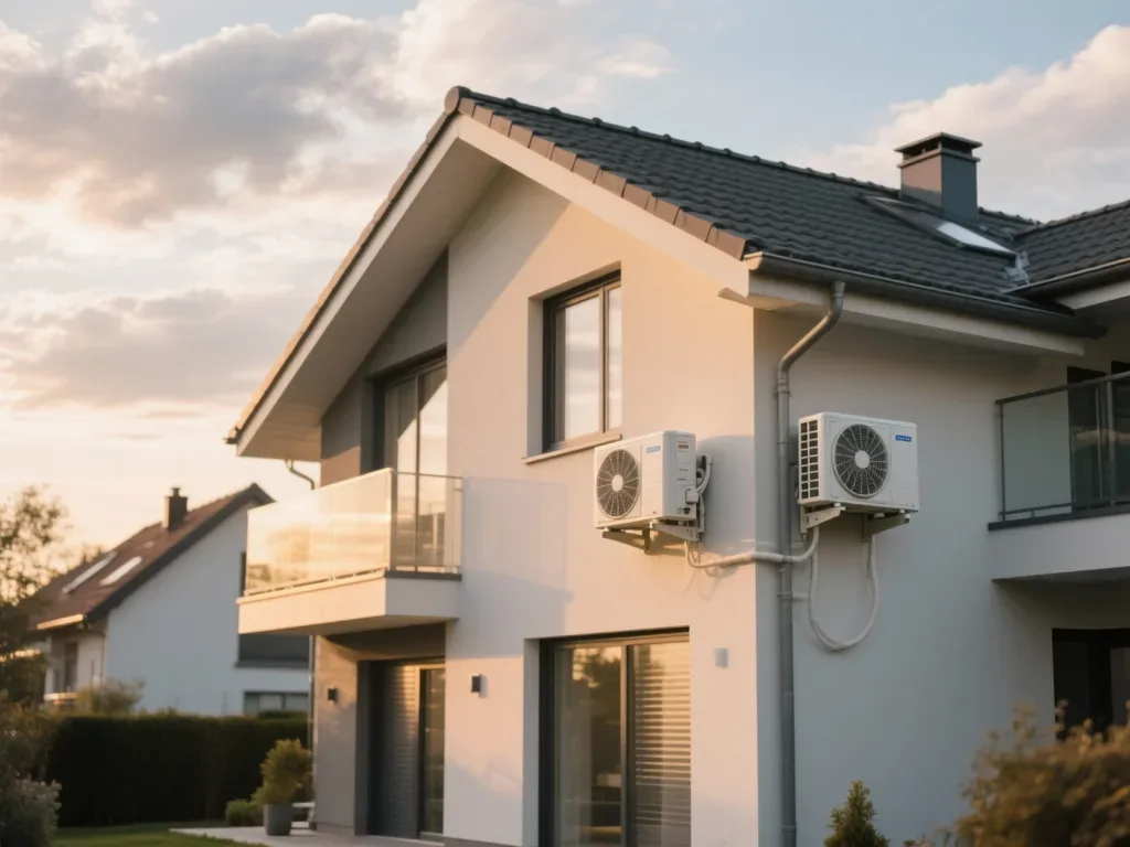 Maison équipée pompe à chaleur sous lumière douce de fin de journée