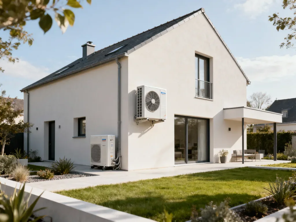 Maison avec pompe à chaleur extérieure en France, équipement moderne