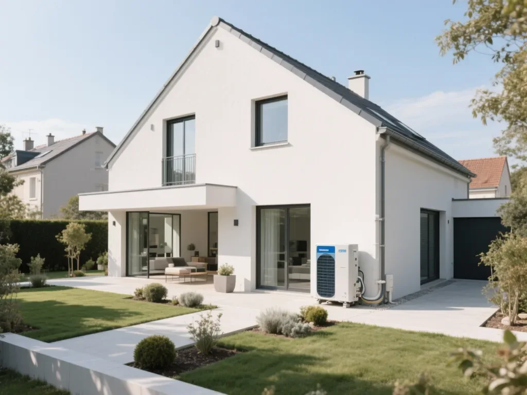 Maison avec pompe à chaleur extérieure en France, équipement moderne