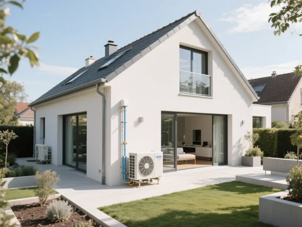 Maison avec pompe à chaleur extérieure en France, équipement moderne