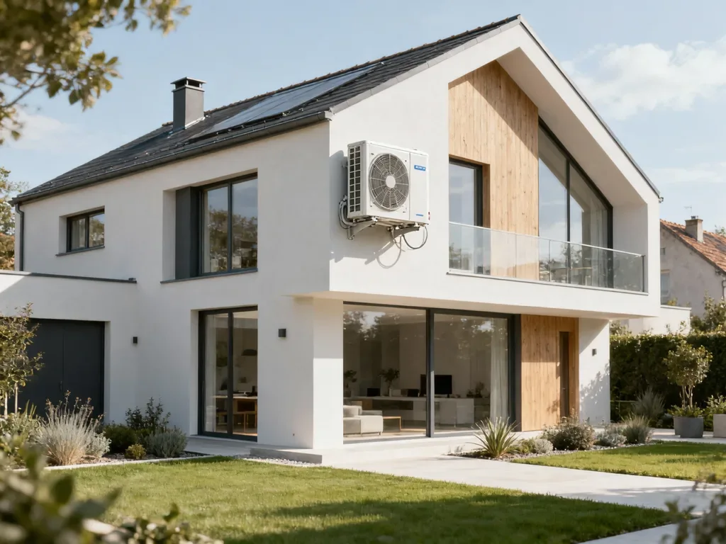Maison avec pompe à chaleur extérieure en France, équipement moderne
