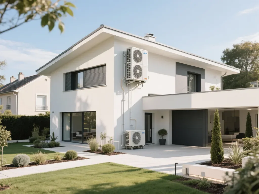 Maison avec pompe à chaleur extérieure en France, équipement moderne