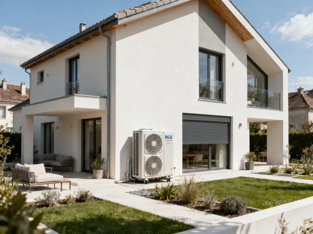 Maison avec pompe à chaleur extérieure en France, équipement moderne