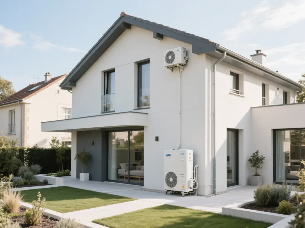 Maison avec pompe à chaleur extérieure en France, équipement moderne