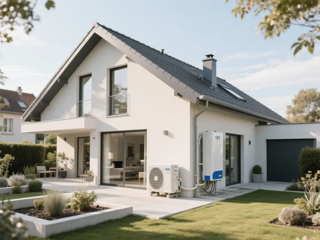 Maison avec pompe à chaleur extérieure en France, équipement moderne