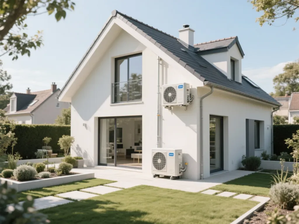 Maison avec pompe à chaleur extérieure en France, équipement moderne