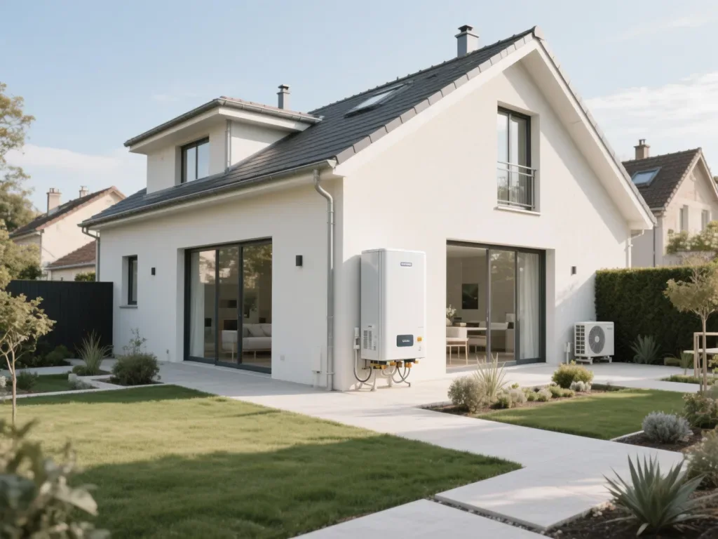 Maison avec pompe à chaleur extérieure en France, équipement moderne