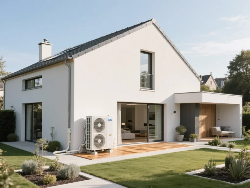Maison avec pompe à chaleur extérieure en France, équipement moderne