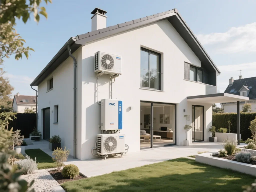 Maison avec pompe à chaleur extérieure en France, équipement moderne