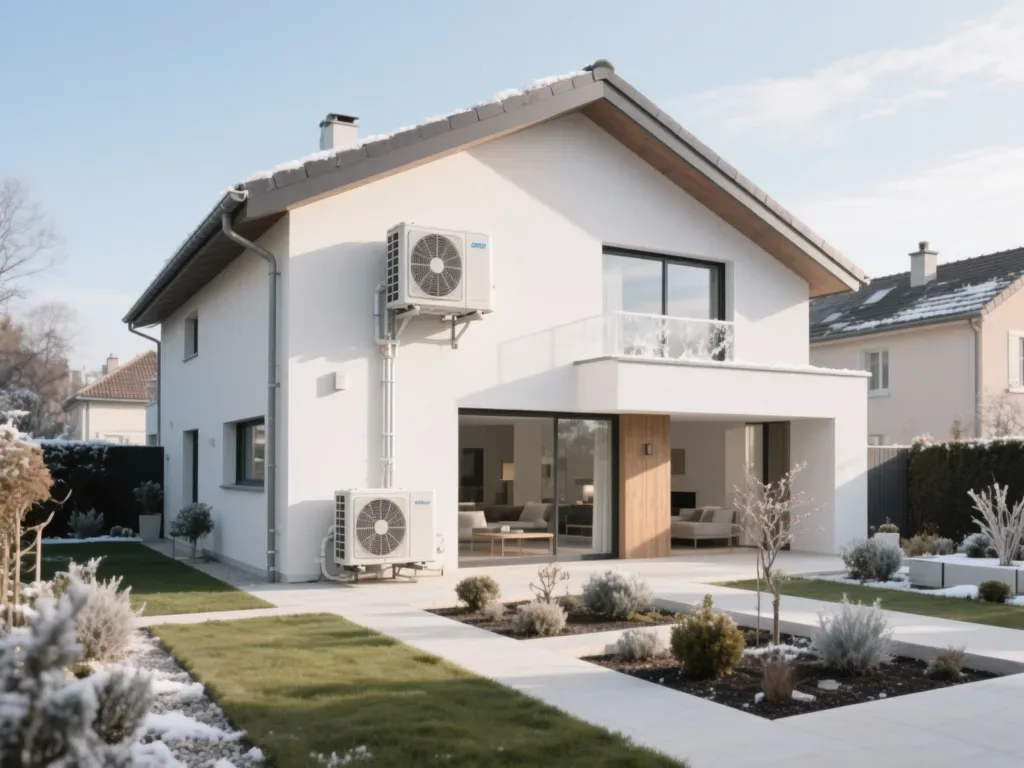 Maison avec pompe à chaleur extérieure en France, équipement moderne