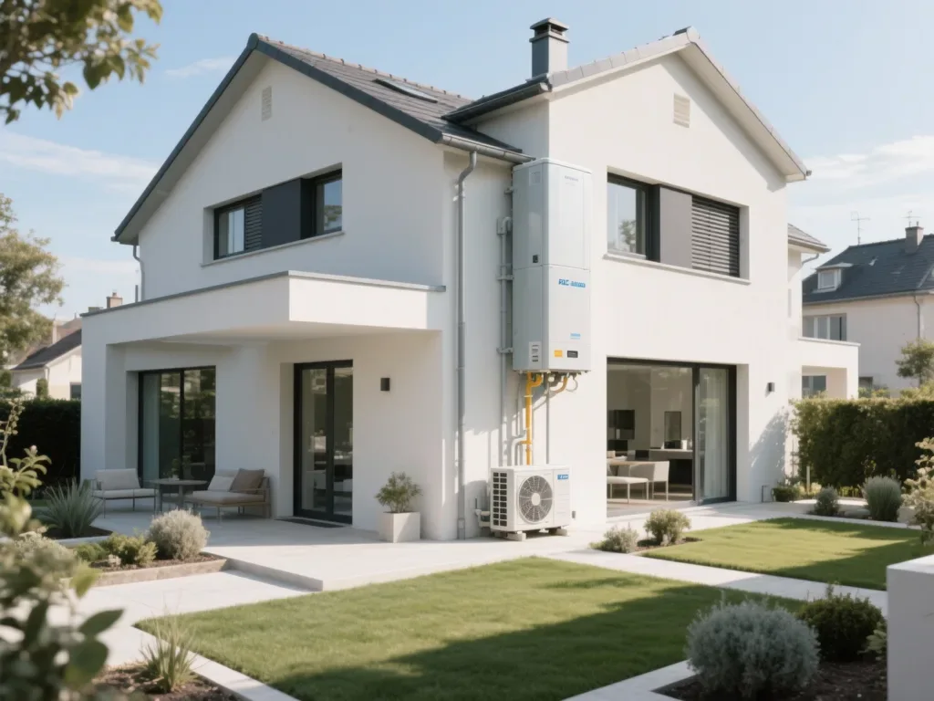 Maison avec pompe à chaleur extérieure en France, équipement moderne